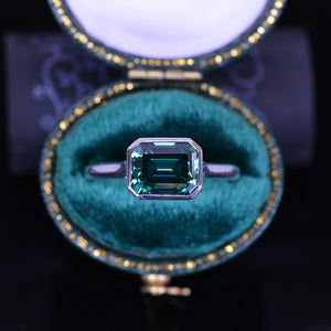 3Ct Green Moissanite Engagement Ring, Bezel Set Emerald Cut Moissanite Engagement Ring, Moissanite Classic Engagement Ring