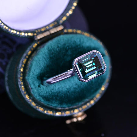 3Ct Green Moissanite Engagement Ring, Bezel Set Emerald Cut Moissanite Engagement Ring, Moissanite Classic Engagement 14K Gold Ring