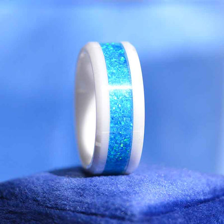 Australian Blue Fire Opal Ceramic Ring For Her For Him, Couples Promise Ring, Blue Opal White Ceramic Ring, Cool Opal Giliarto Ring For Him