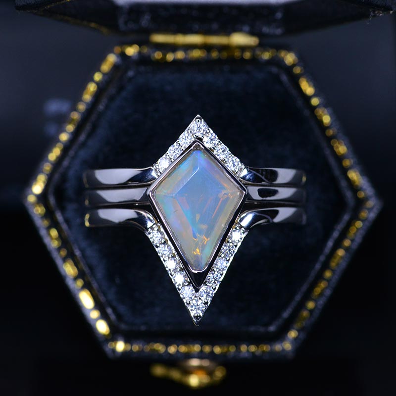 3 Carat Kite Genuine Natural White Opal Halo Engagement Ring, Three Rings Set