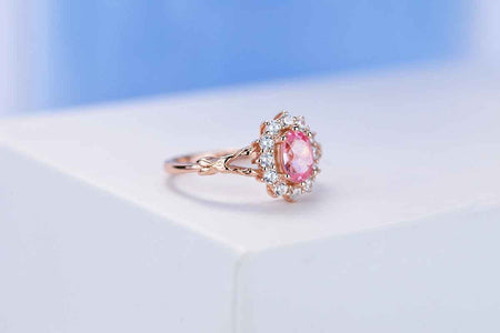 Rose Gold Plated Silver Dainty Pink Sapphire Ring, 1.5ct Oval Cut Vintage Rose Sapphire Ring , Rose Gold Floral Unique Oval Halo Ring