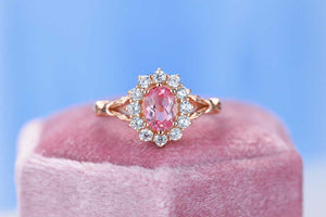 Rose Gold Plated Silver Dainty Pink Sapphire Ring, 1.5ct Oval Cut Vintage Rose Sapphire Ring , Rose Gold Floral Unique Oval Halo Ring