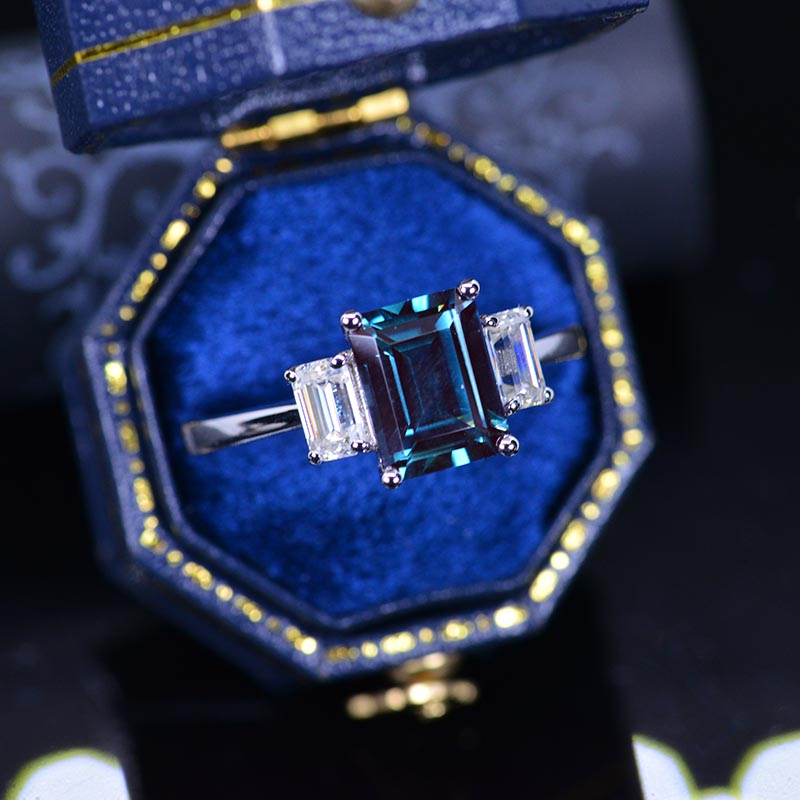 3 Carat  Emerald Cut Alexandrite Three-Stone  Engagement Ring