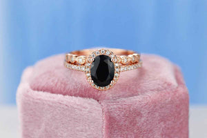 Rose Gold Plated Silver Dainty Natural Onyx Ring Set, 2ct Oval Cut Onyx Vintage Ring Set, Rose Gold Ring Unique Ring