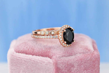 Rose Gold Plated Silver Dainty Natural Onyx Ring Set, 2ct Oval Cut Onyx Vintage Ring Set, Rose Gold Ring Unique Ring