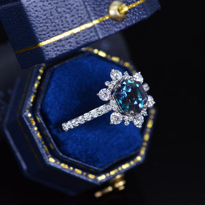 3 Carat Hexagonal Alexandrite Snowflake Halo Engagement Ring. Victorian 14K Rose Gold Ring
