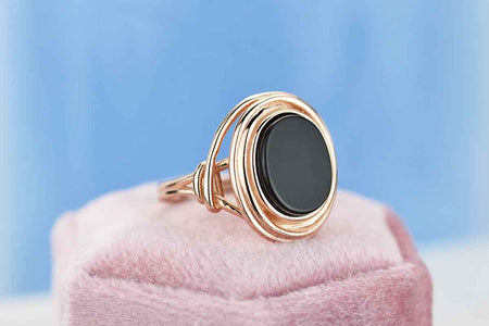 Rose Gold Plated Silver Dainty Natural Black Onyx Ring Set, Oval Cut Onyx Vintage Ring , Rose Gold Ring Unique Ring
