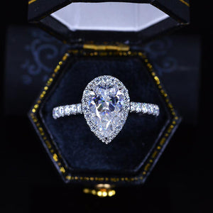 14K Solid White Gold 3 Carat Halo Pear Cut Moissanite Ring