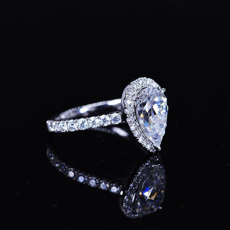 14K Solid White Gold 3 Carat Halo Pear Cut Moissanite Ring