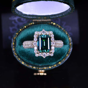 3Ct Green Moissanite Engagement Ring Halo Emerald Step Cut Moissanite Engagement Ring