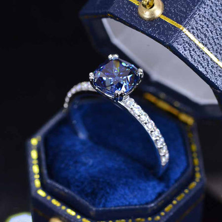 2 Carat Dark  Grey Gray  Blue Cushion Cut Moissanite Stone 14K White Gold Ring