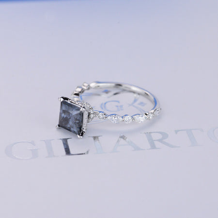 Dark Gray Blue Princess Cut Moissanite White Gold Giliarto Engagement Ring