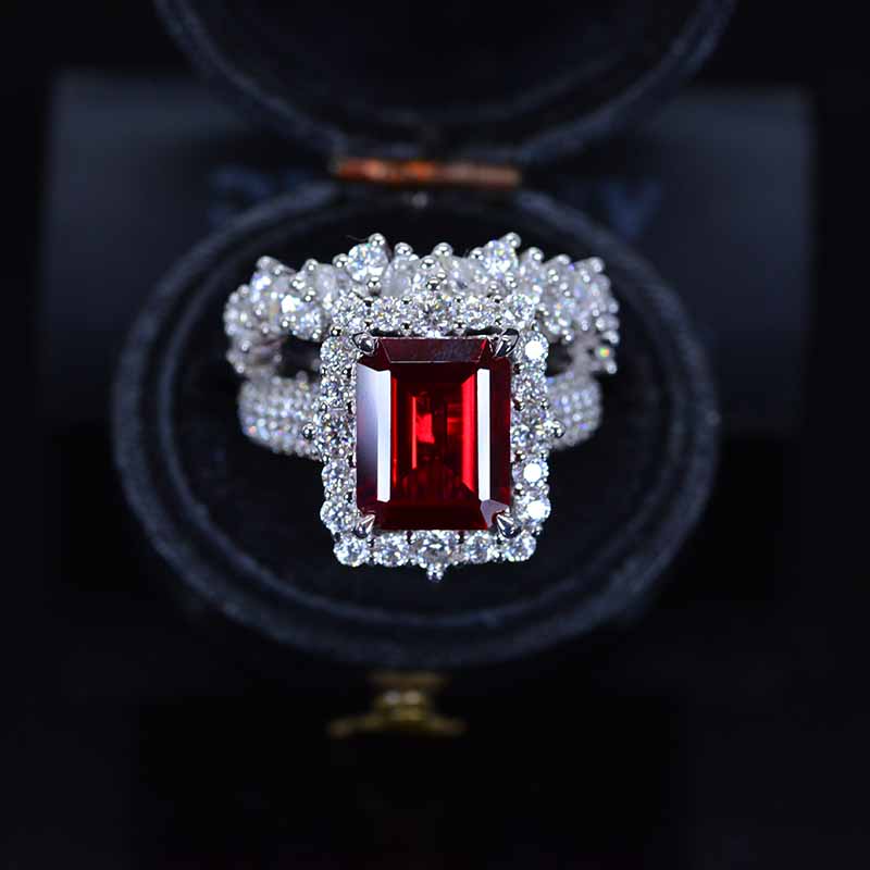 4Ct Ruby Engagement Ring Halo Emerald Cut Ruby Engagement Ring