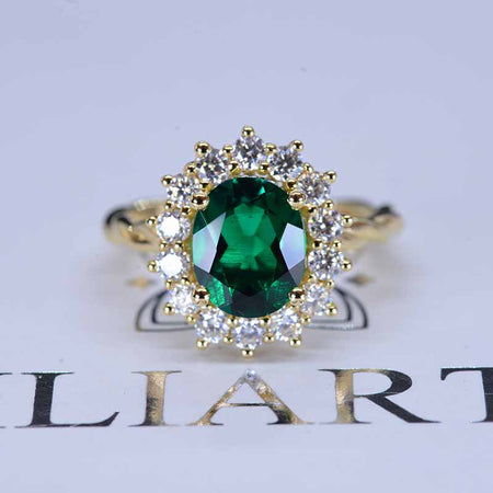 3 CT Oval Halo Emerald Vintage Wedding Ring. 14K Solid Gold Engagement Ring Anniversary Ring, Baguette Double Halo Ring