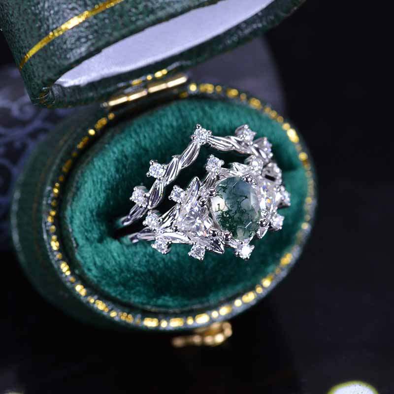 1 Carat Oval Genuine Moss Agate Halo 14K White Gold Floral Engagement Ring Set