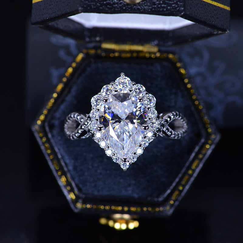 3 Carat Pear Moissanite Twisted 14K White Gold Engagement Eternity Ring