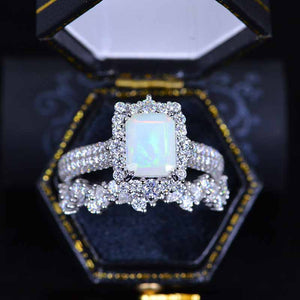 3Ct White Opal Engagement Ring Halo Emerald Cut Opal Engagement Ring, 9x7mm Step Cut White Opal Engagement Ring with Eternity Band