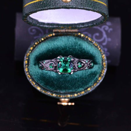 14K Black Gold Cushion Emerald Celtic Engagement Ring