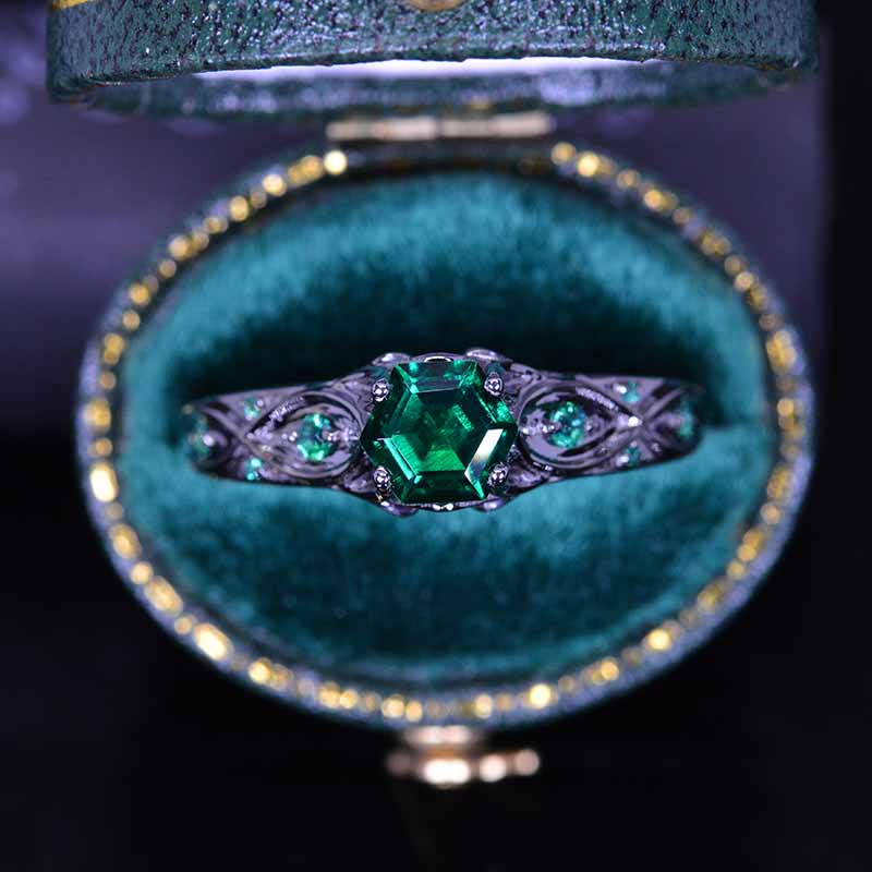 14K Black Gold Hexagonal Emerald Celtic Engagement Ring - Giliarto