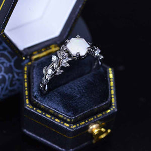 3 Carat Hexagon Genuine Natural White Opal Floral 14K Black Gold Engagement Ring