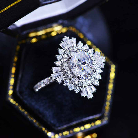 14K Solid Gold Ring 1.5CT Oval Halo Moissanite Vintage Wedding Ring. Engagement Ring Anniversary Ring, Baguette Double Halo Ring