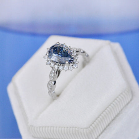 14K White Gold 1.5 Carat Pear Blue  Moissanite Halo Engagement Ring
