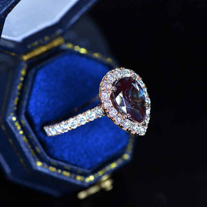 14K Solid Rose Gold 3 Carat Alexandrite Pear Cut Halo Moissanite Ring