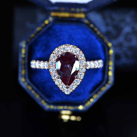 14K Solid Rose Gold 3 Carat Alexandrite Pear Cut Halo Moissanite Ring