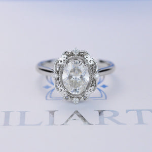 14K White Gold 2 Carat Oval  Moissanite Halo Vintage Engagement Ring