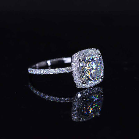 2.5 Carat Cushion Moissanite Halo Engagement Ring. Victorian 14K White Gold Ring