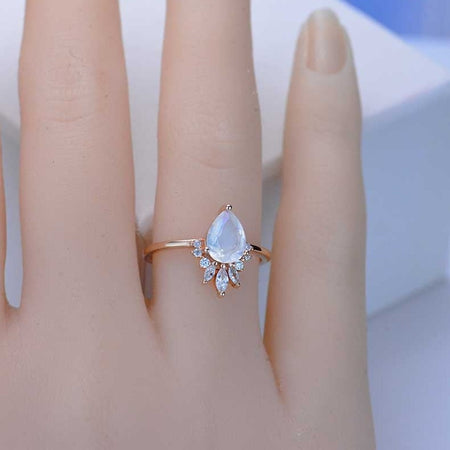 2ct Pear Cut Moonstone Ring, Rose Gold Ring Unique Curved Marquise Cut Ring