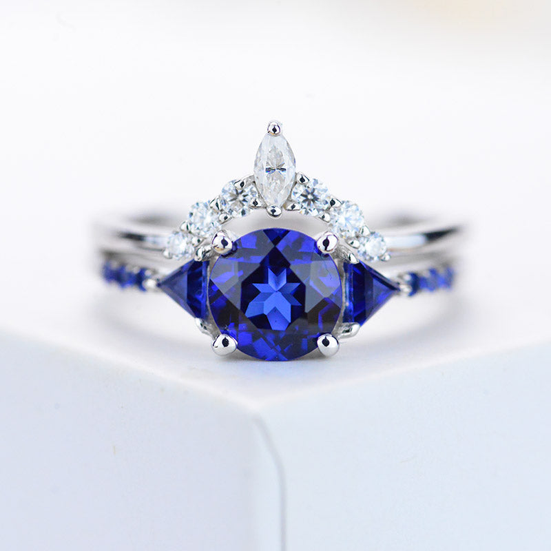 Sapphire Halo Gold Engagement Ring Set