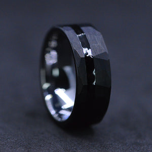 Black Hammered Brushed Tungsten Carbide Ring with Black Enamel and Ony -  Giliarto