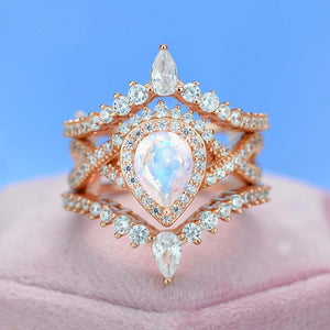 Luxury Natural Moonstone Ring Set, 2ct Pear Cut Moonstone Ring Set, Rose Gold Ring Unique Curved Marquise Cut Ring