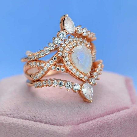 Luxury Natural Moonstone Ring Set, 2ct Pear Cut Moonstone Ring Set, Rose Gold Ring Unique Curved Marquise Cut Ring