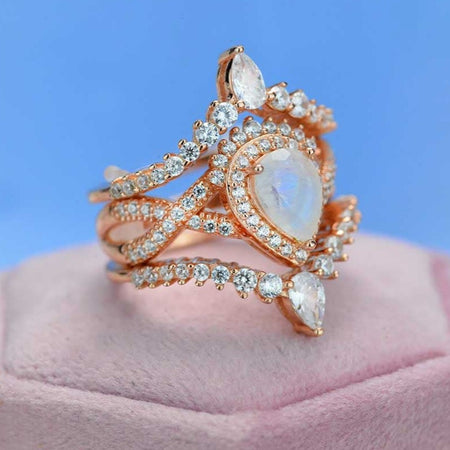 Luxury Natural Moonstone Ring Set, 2ct Pear Cut Moonstone Ring Set, Rose Gold Ring Unique Curved Marquise Cut Ring