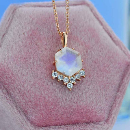 Genuine Hexagon Moonstone pendant necklace rose gold plated silver, Moonstone Necklace in Sterling Silver