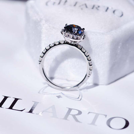 3 Carat Round Dark Grey Gray Blue Giliarto Moissanite Halo Gold Engagement Ring