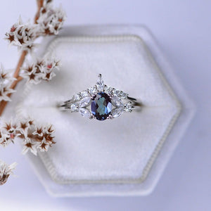 Rhodium Plated Silver Dainty Alexandrite Ring Set, 1ct Oval Cut Alexandrite Ring Set, Silver Ring Unique Curved Marquise Cut Ring Set