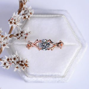 2 Carat Gray Moissanite Leaf Engagement Ring. Rose Gold Floral Twig Ring