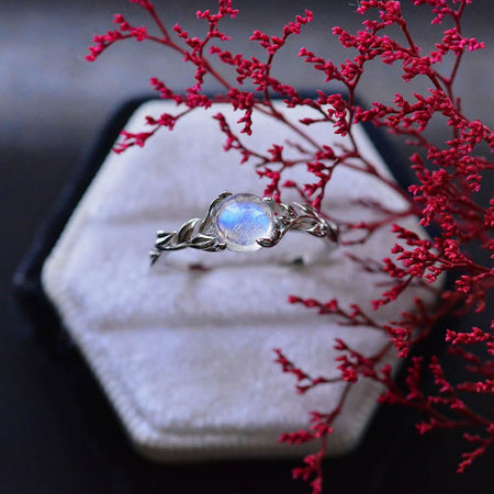 Silver Dainty Natural Moonstone Ring.  Round Moonstone Floral Ring