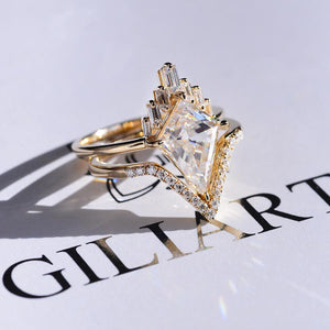 14K Gold 4 Carat Kite Moissanite Halo Engagement Ring, Eternity Ring Set