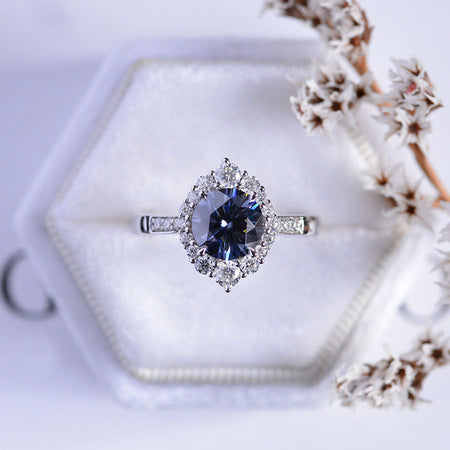 2 Carat Round Grey Gray Giliarto Moissanite Halo Gold Engagement Ring