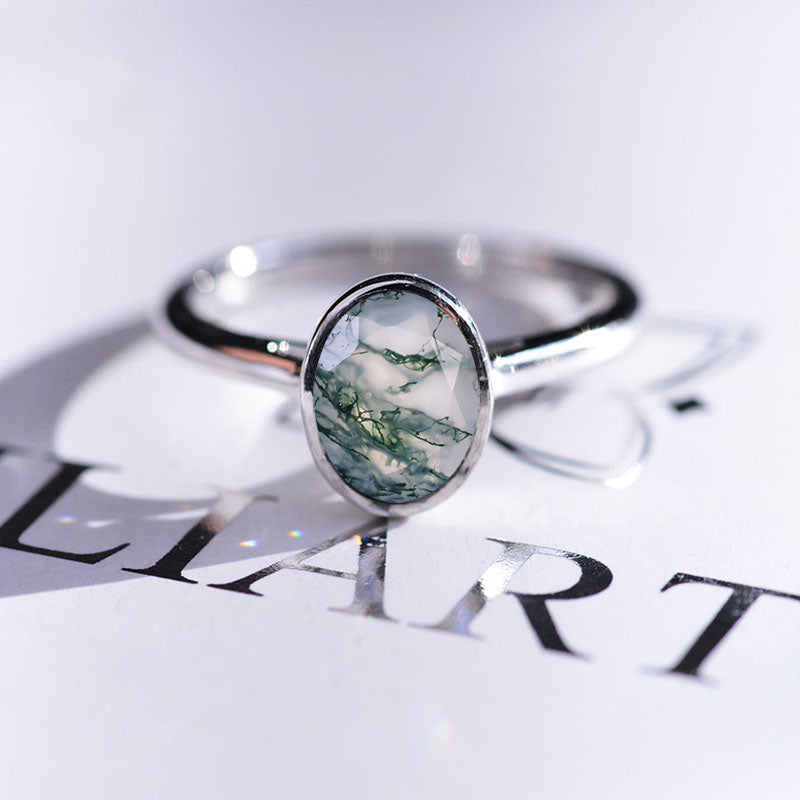 3 Carat Oval Genuine Moss Agate Bezel Set Gold Engagement Ring