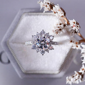 2 Carat Round Moissanite Snowflake Halo Engagement Ring. Victorian 14K White Gold Ring