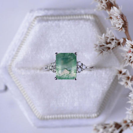 3Ct Emerald Shape Step Cut Genuine Moss Agate ring, Moss Agate solitaire ring, 3 Carat Genuine Moss Agate  Ring, Genuine Moss Agate Vintage Ring