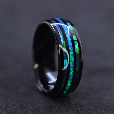 Natural Abalone Shell Blue Opal Men's Black Tungsten Ring - Giliarto