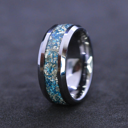 Genuine Crushed Raw Blue and White Sapphire Men's Tungsten Ring