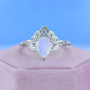 2ct Pear Cut Natural Moonstone Ring, White Gold Plated Ring Unique Curved Floral Ring