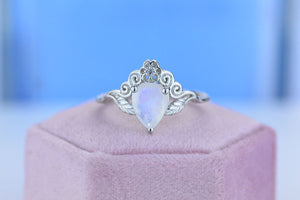 2ct Pear Cut Natural Moonstone Ring, White Gold Plated Ring Unique Curved Floral Ring